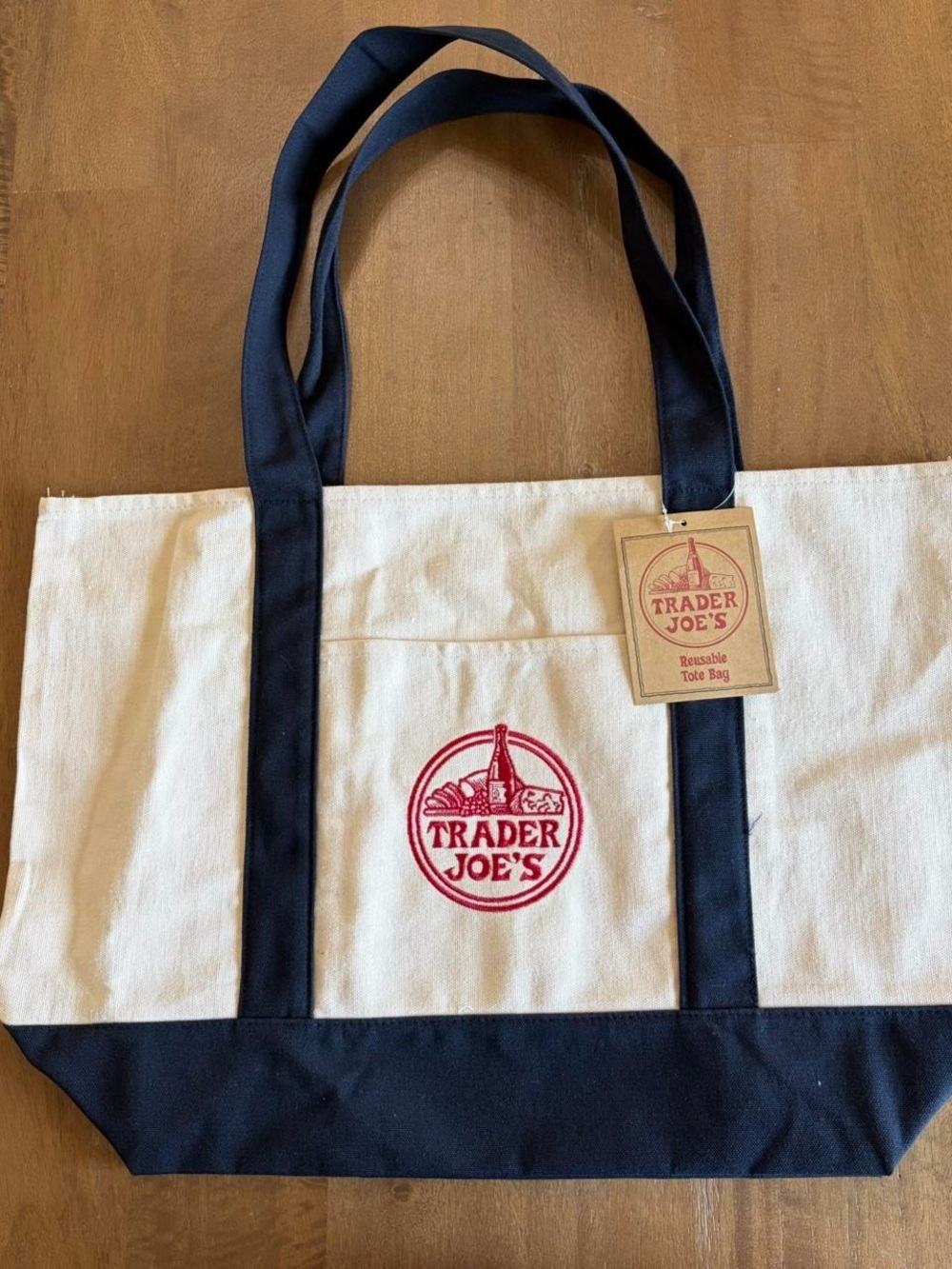Trader Joe's Canvas Tote Bag in Cream and Navy with Red Logo